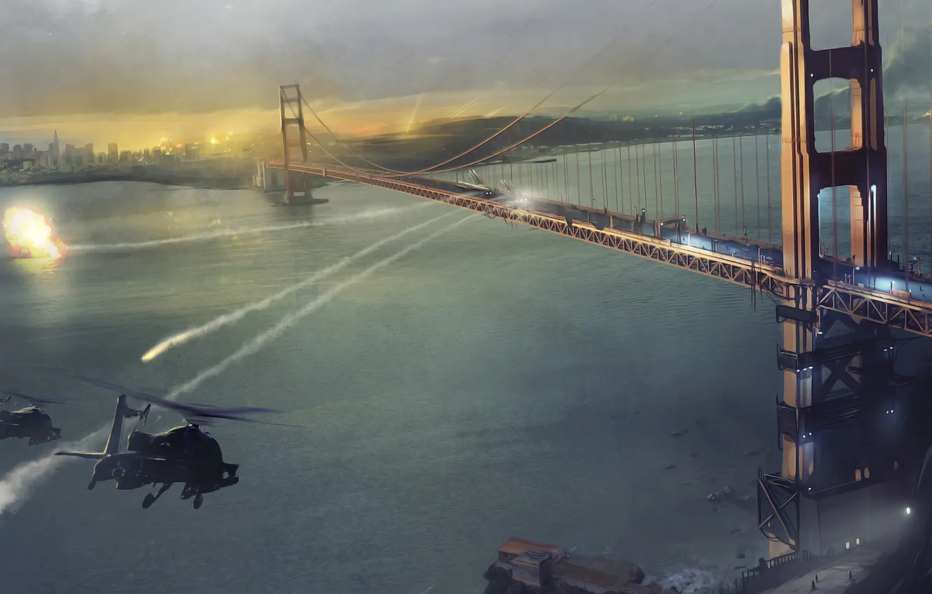 Photo wallpaper the explosion, bridge, lights, weapons, war, the game, helicopter, the battle