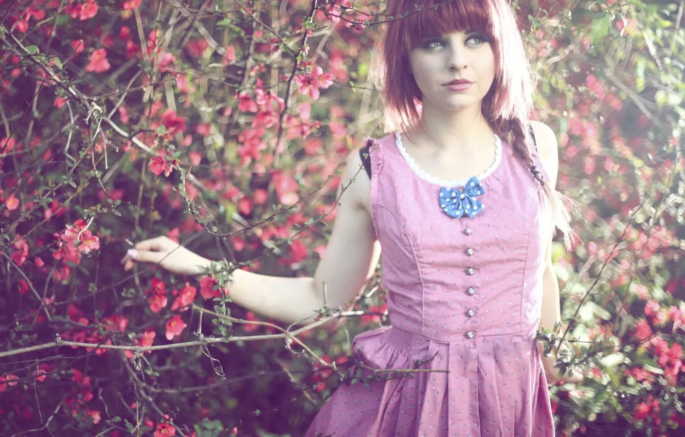 Photo wallpaper girl, flowers, branches, plant, dress, LORIEL ANDREA