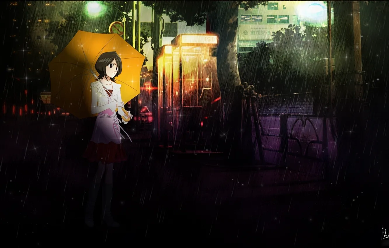 Photo wallpaper machine, girl, umbrella, rain, street, Bleach, Bleach, Kuchiki Rukia