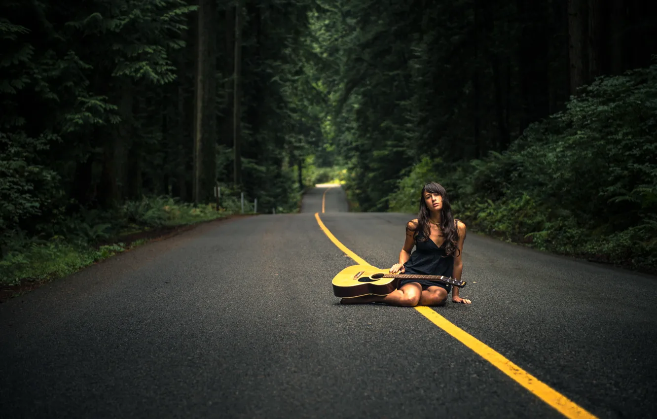 Photo wallpaper road, girl, music, guitar