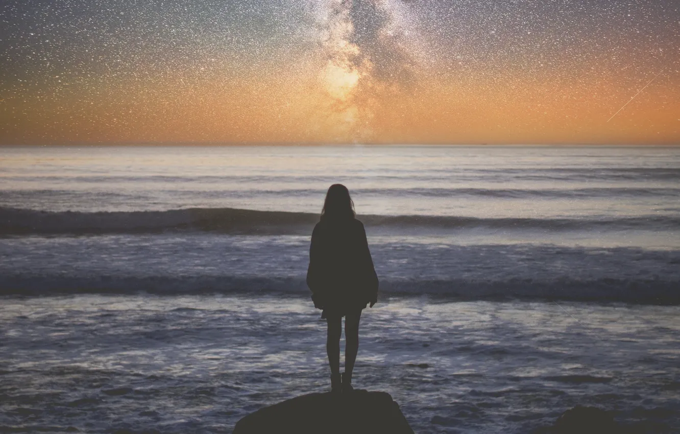 Photo wallpaper sea, the sky, girl, stars, stones, dal, horizon, silhouette