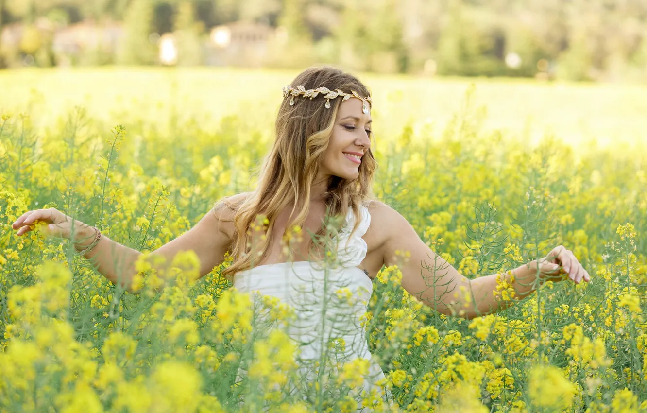 Photo wallpaper field, summer, girl, decoration, flowers, yellow, nature, pose