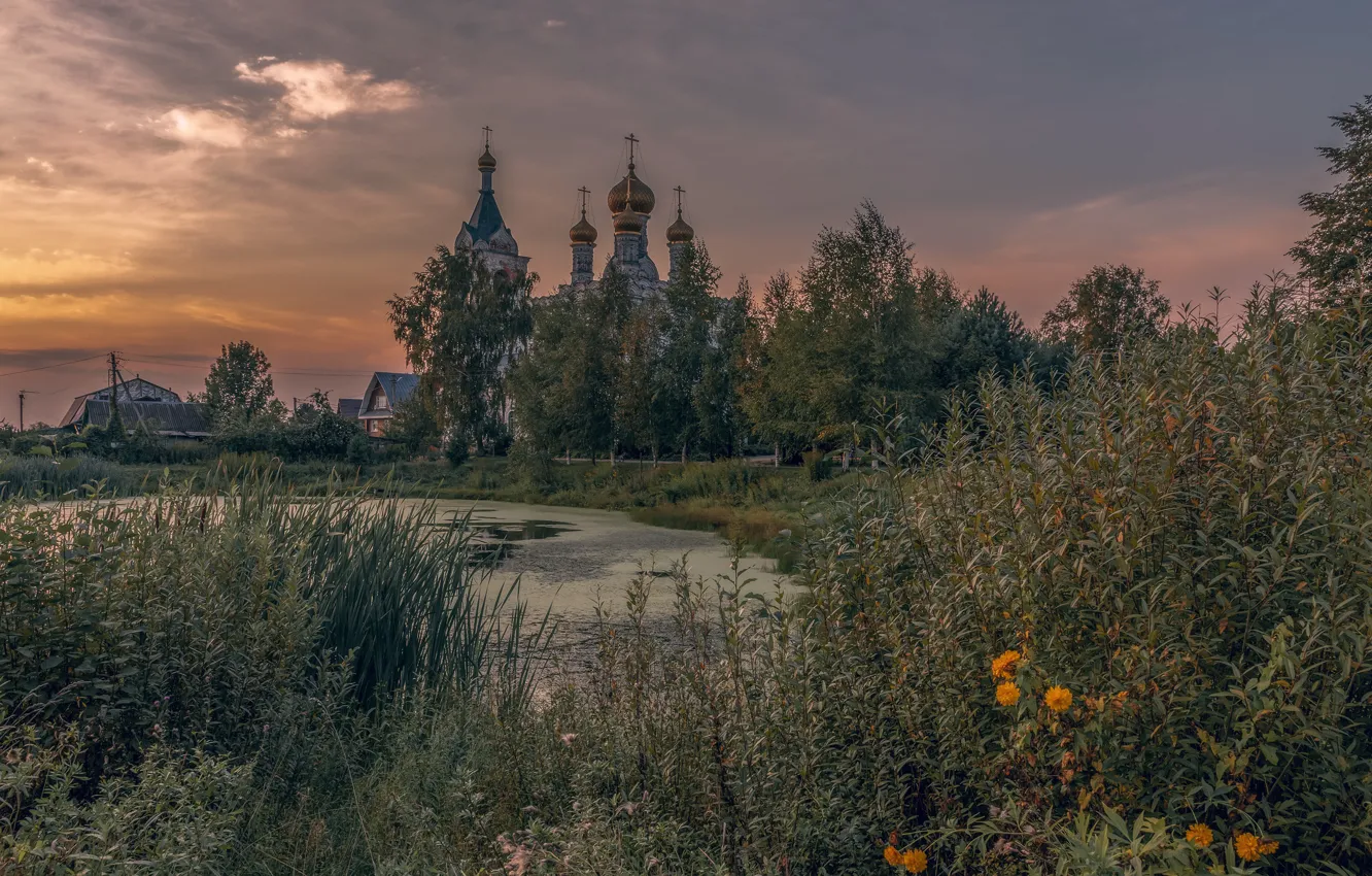 Photo wallpaper landscape, sunset, nature, pond, Church, temple, grass, twilight