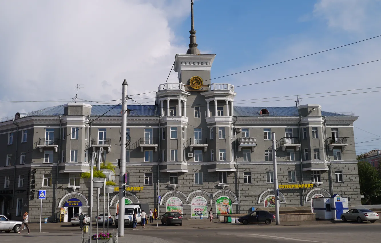 Photo wallpaper road, the city, watch, building, sign, shop, city center, stand