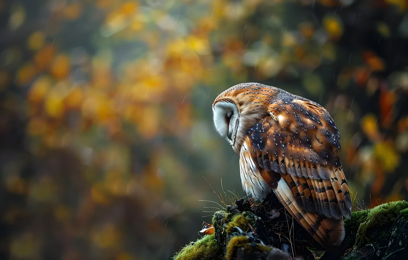 Photo wallpaper autumn, owl, bird, sleep, sleeping, bokeh, the barn owl, AI art