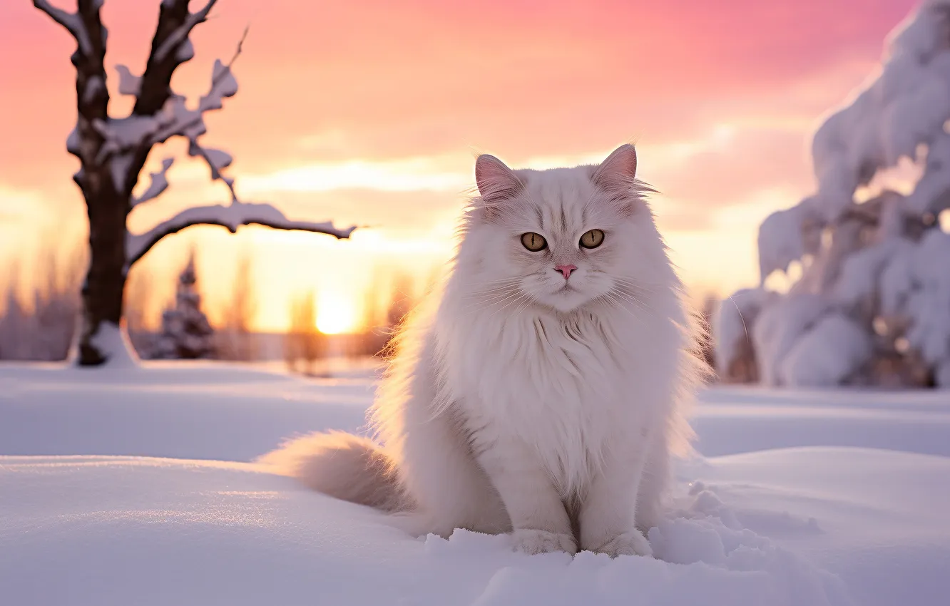 Photo wallpaper winter, field, cat, white, the sky, cat, look, clouds