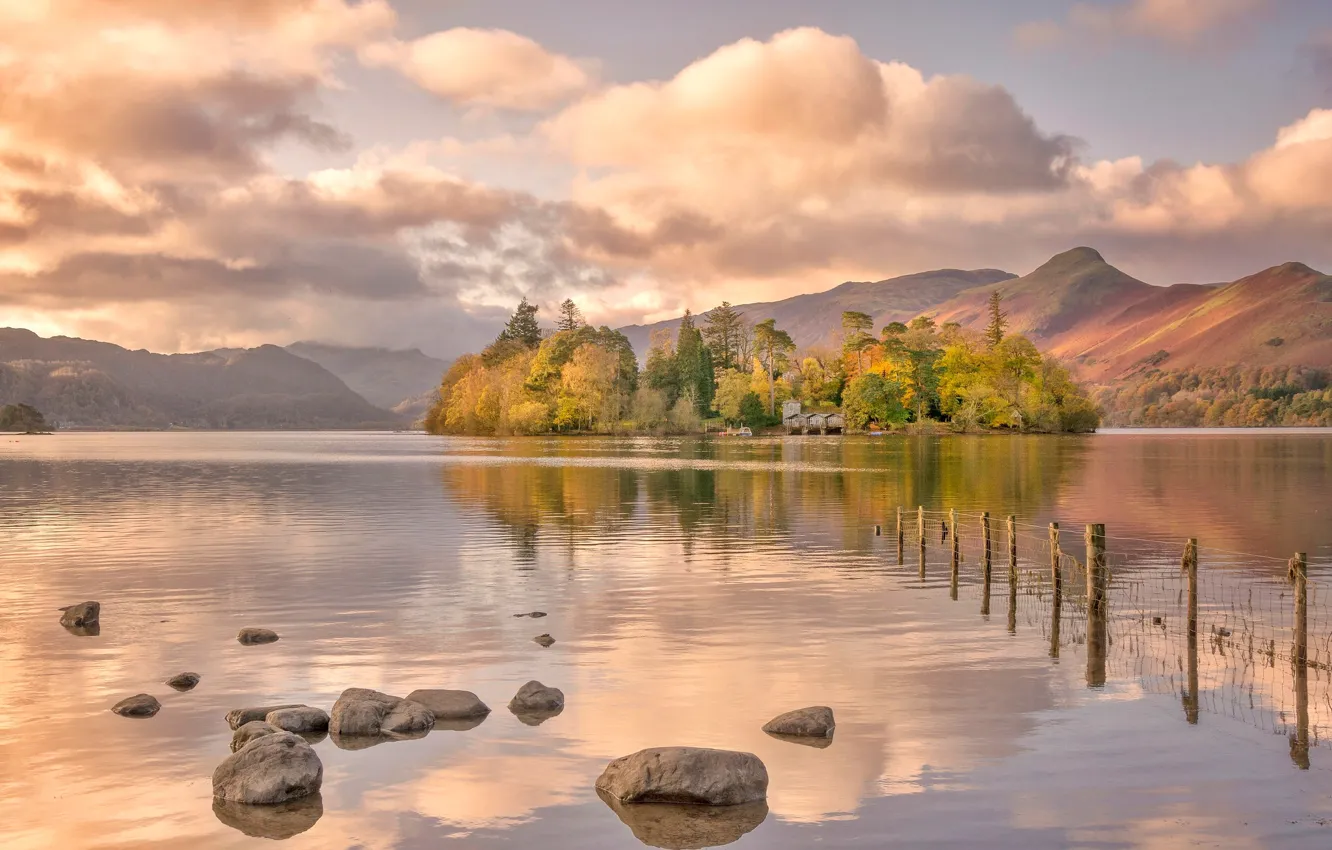Photo wallpaper lake, Cumbria, England, mountains, island