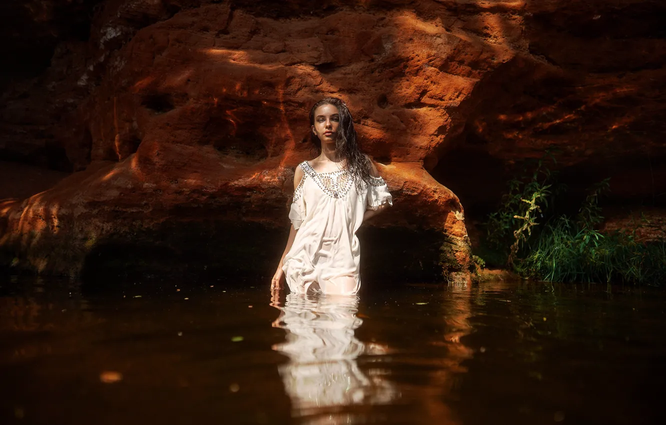 Photo wallpaper look, nature, pose, rocks, model, portrait, wet, makeup