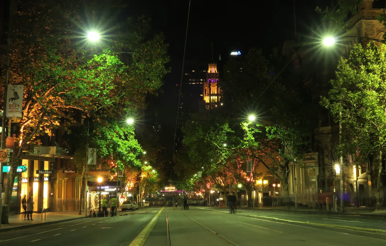Photo wallpaper trees, night, lights, street, home, Australia, Melbourne