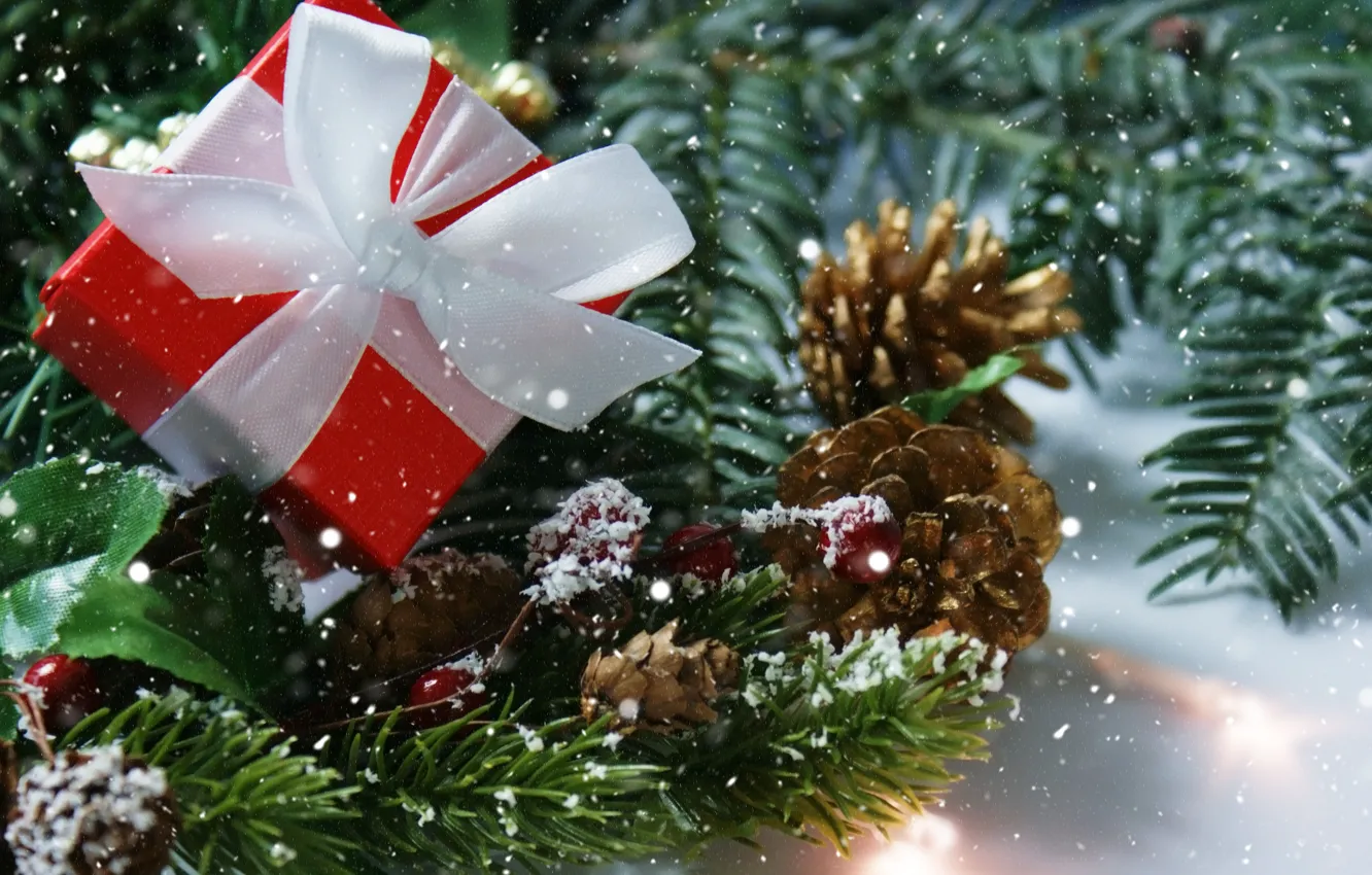 Photo wallpaper gift, new year, spruce, bow, bumps
