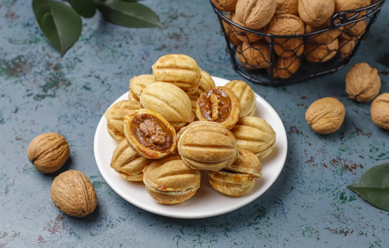 Photo wallpaper leaves, background, cookies, plate, nuts, placer, basket, dessert