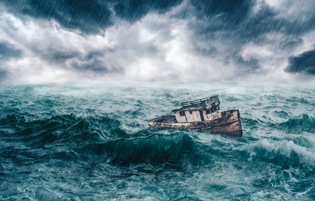 Photo wallpaper sea, the storm, wave, clouds, storm, rendering, rain, boat