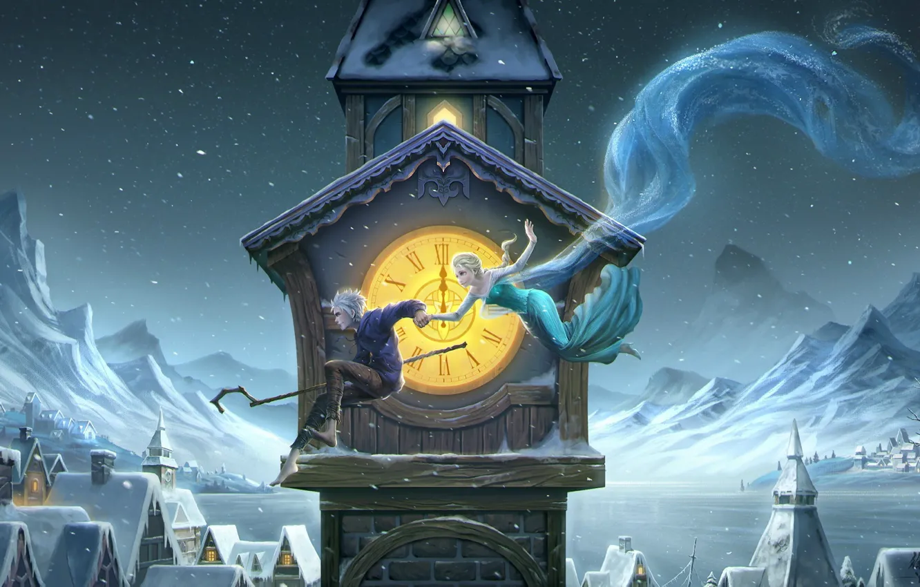 Photo wallpaper winter, girl, night, tower, Frozen, guy, art, midnight