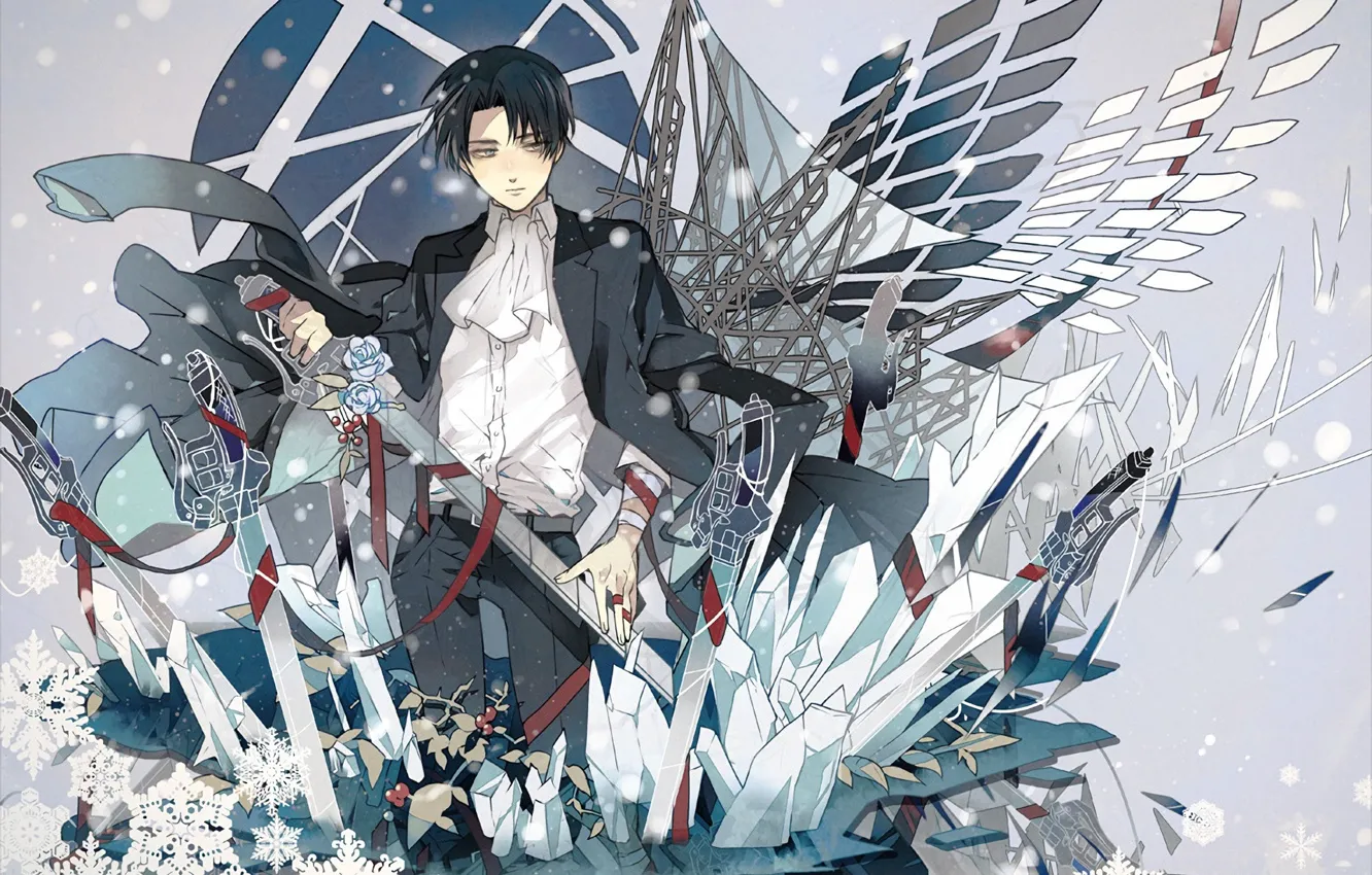 Photo wallpaper snowflakes, wings, emblem, swords, sheath, white shirt, The Invasion Of The Giants, Levi Ackerman