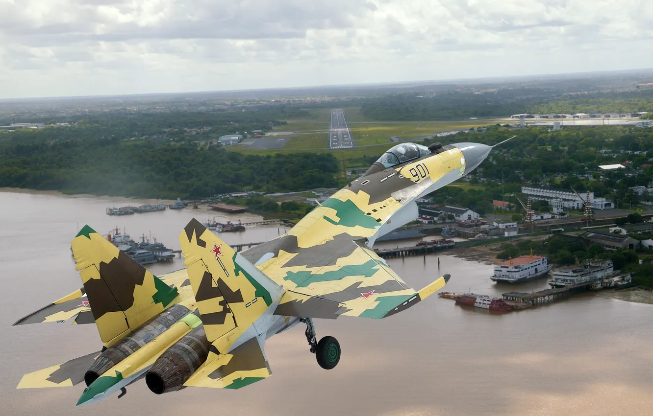 Photo wallpaper flight, shore, camouflage, the airfield, Su-35, the approach
