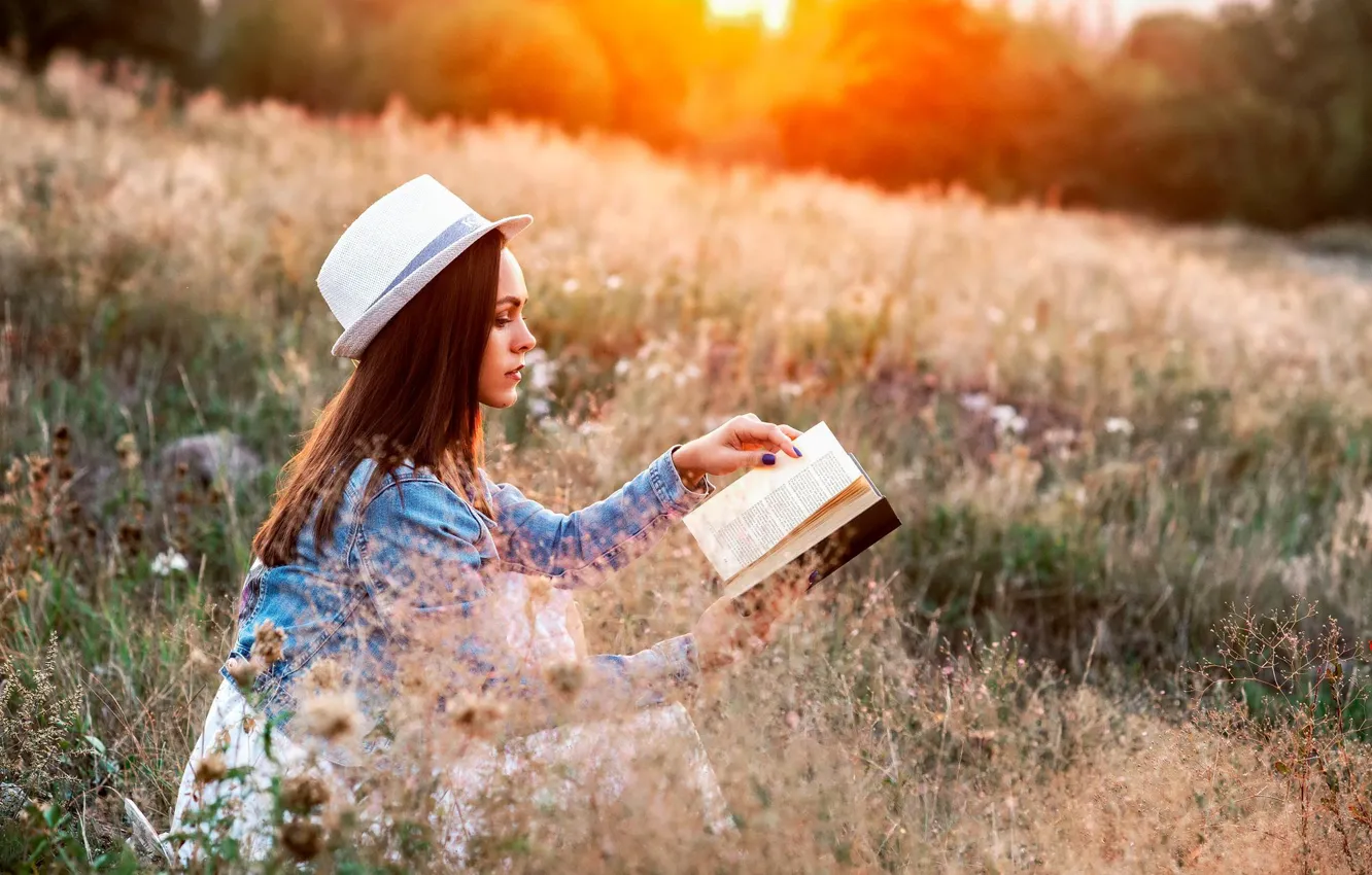 Photo wallpaper field, grass, nature, hat, book