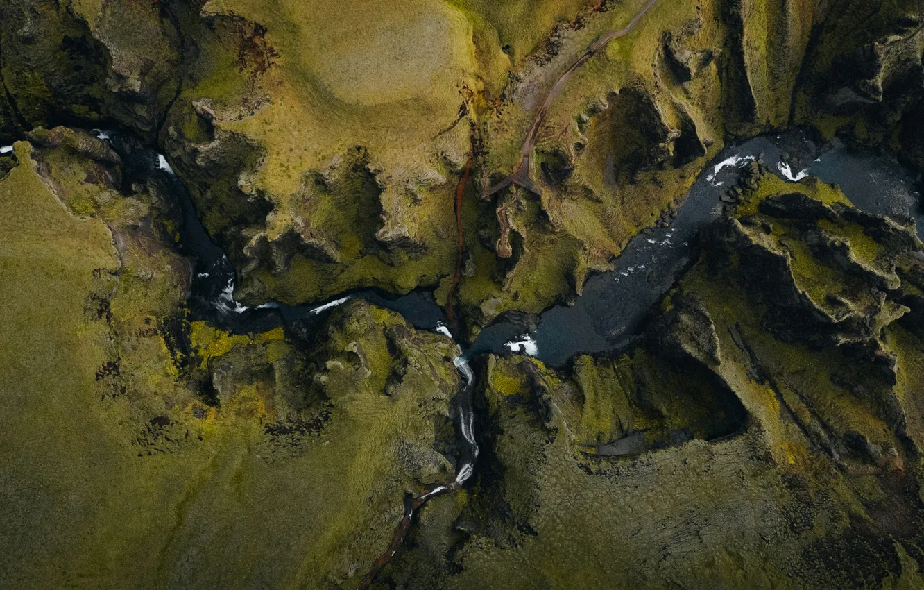 Photo wallpaper road, river, rocks, aerial view