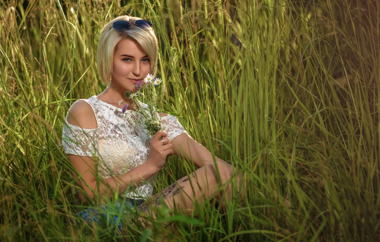 Photo wallpaper grass, look, girl, blonde, Anastasia, a bunch, Dmitry Medved