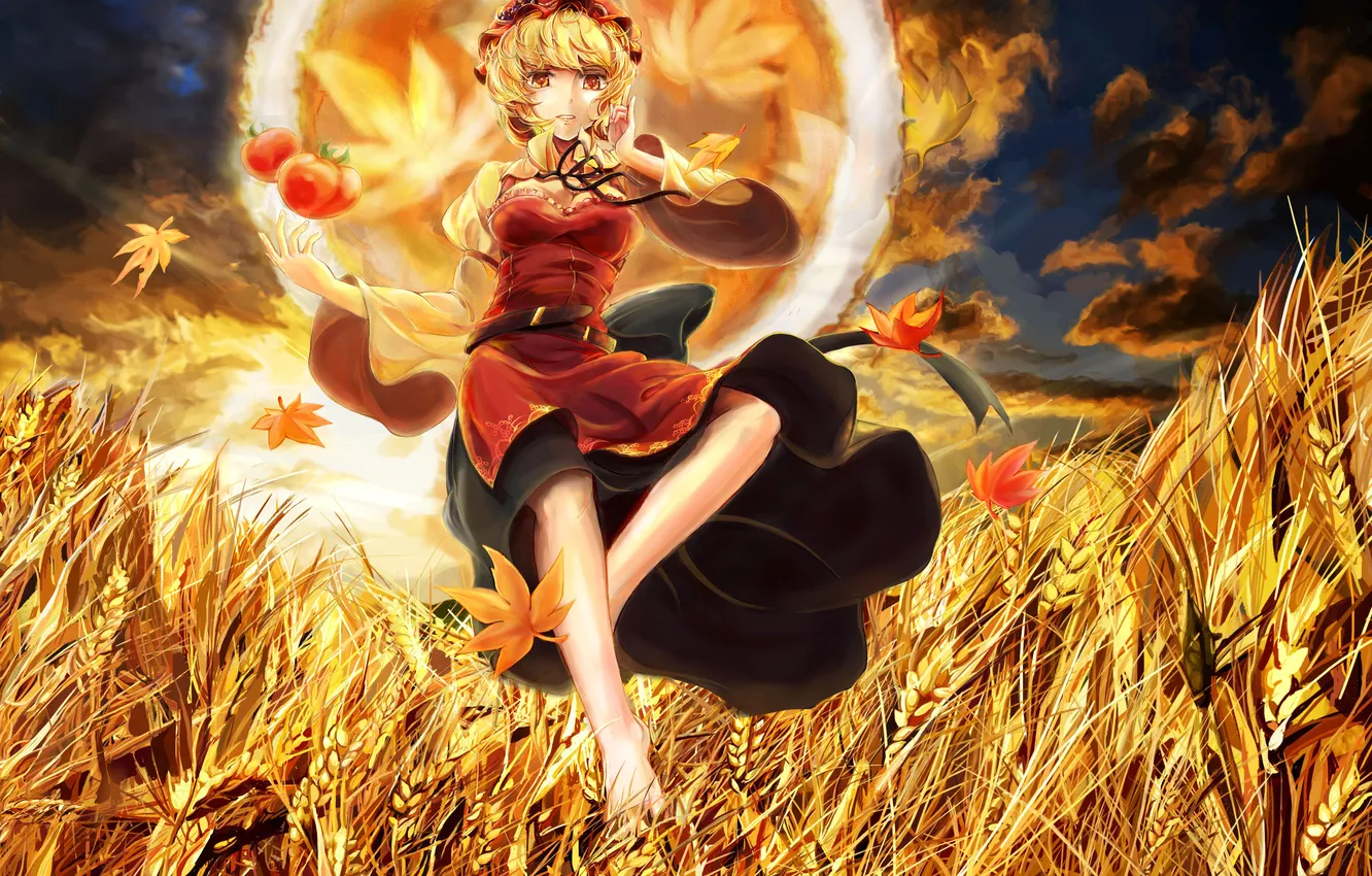 Photo wallpaper wheat, field, autumn, leaves, girl, harvest, art, ears