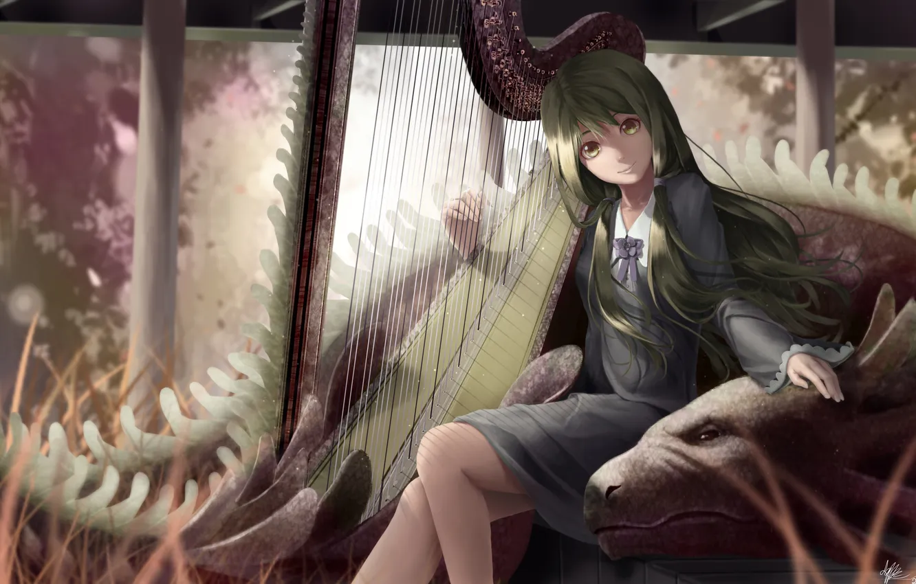 Photo wallpaper grass, girl, smile, dragon, anime, art, harp, monster