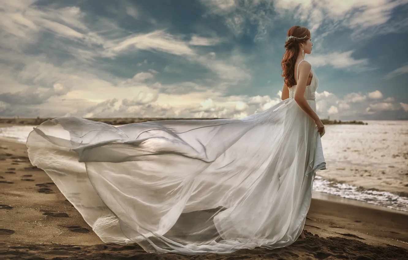 Photo wallpaper sea, dress, Asian, the bride