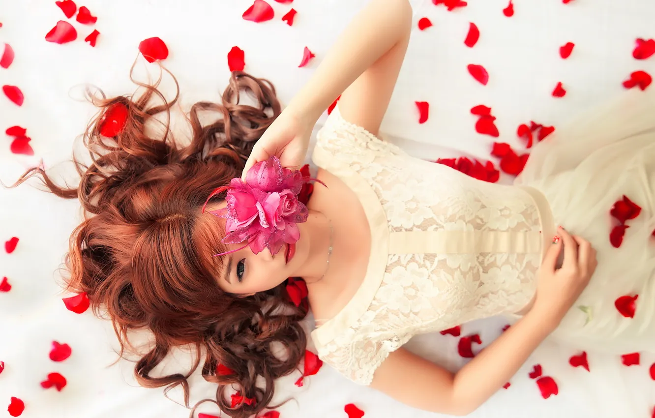 Photo wallpaper look, girl, flowers, Asian