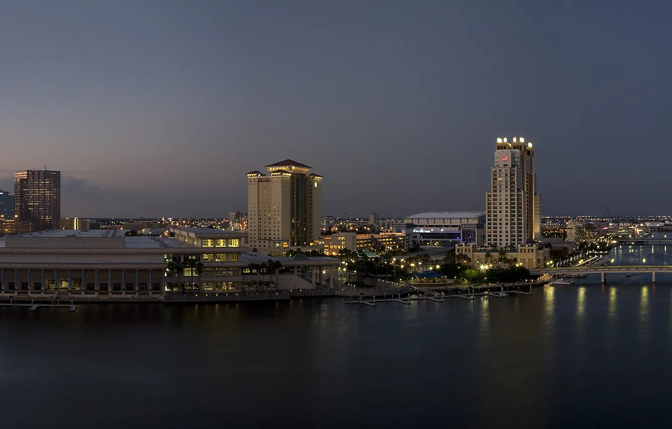 Photo wallpaper sea, bridge, the city, skyscrapers, morning, Bay