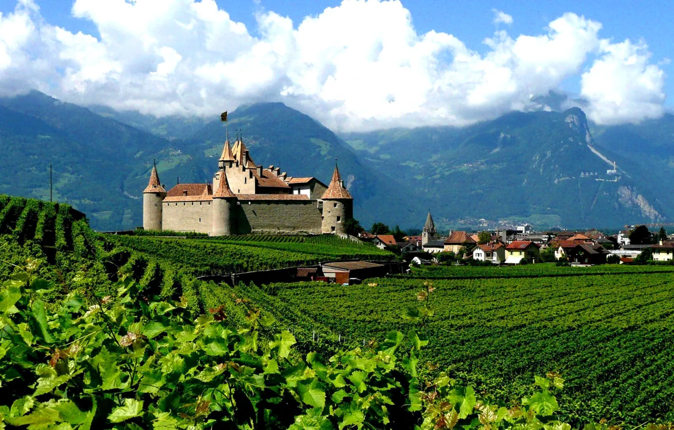 Photo wallpaper the sky, clouds, mountains, castle, Switzerland
