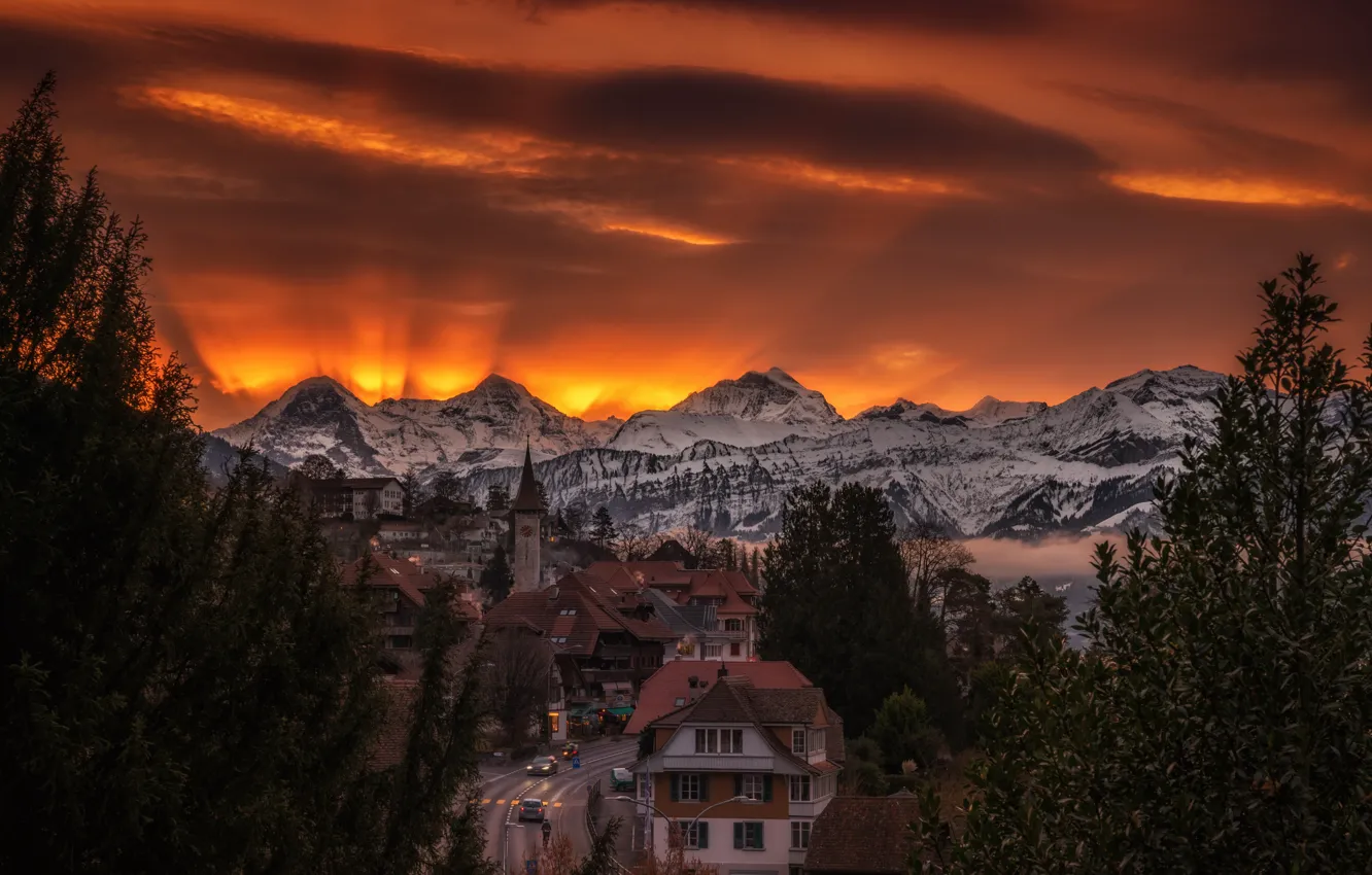 Photo wallpaper Switzerland, sunrise, Bern, Hilterfingen village