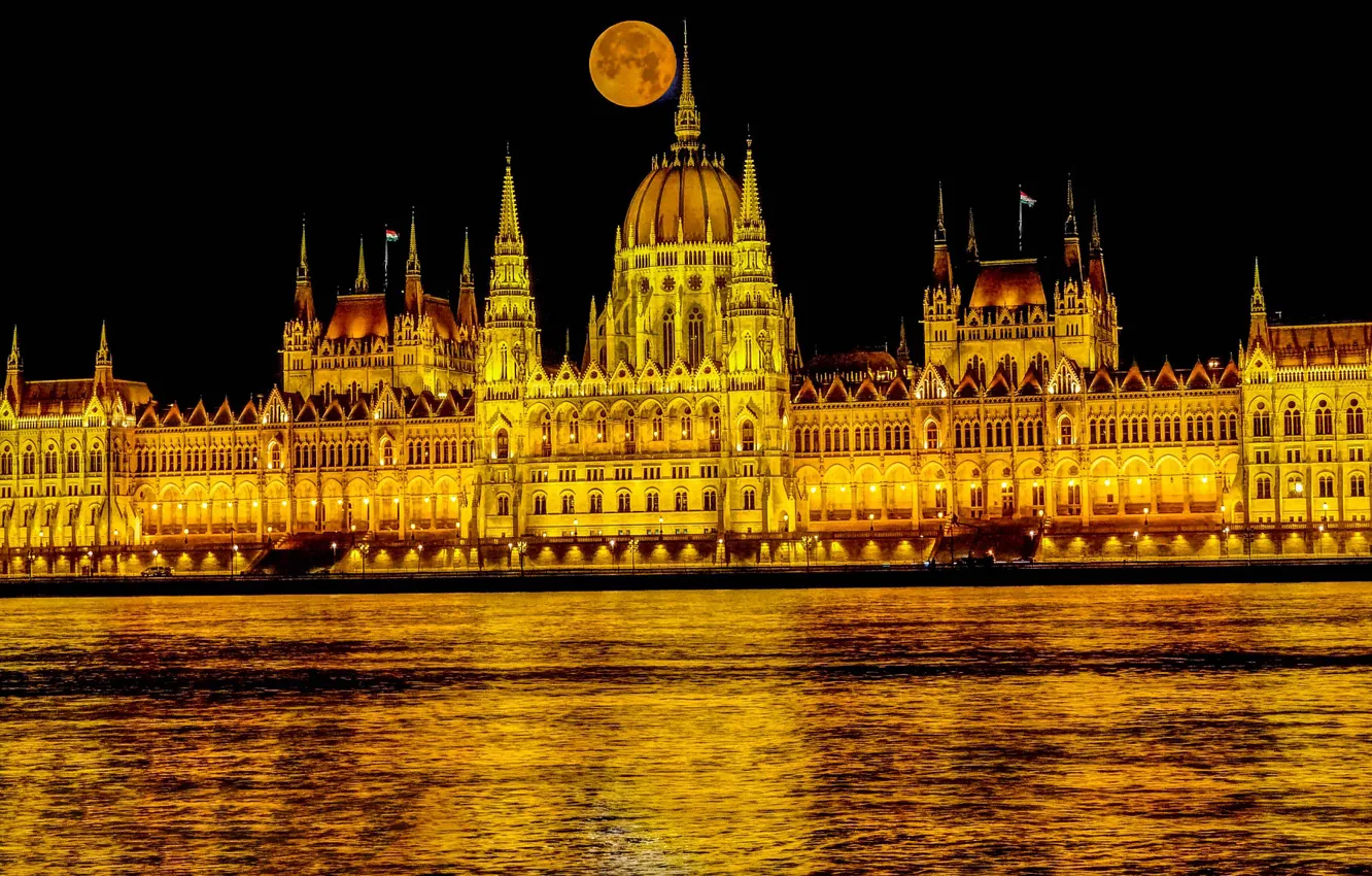 Photo wallpaper lights, the moon, Parliament, Hungary, Budapest