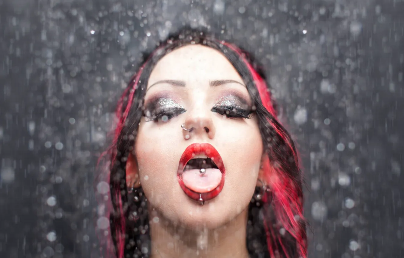 Photo wallpaper language, eyes, glass, girl, drops, face, sexy, rain