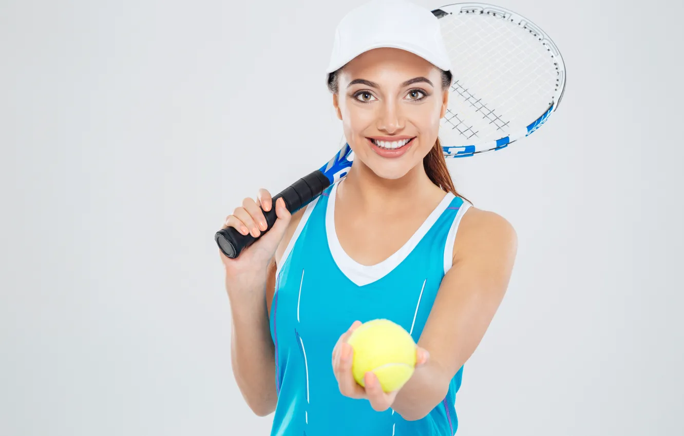 Photo wallpaper girl, smile, background, Mike, racket, cap, the ball, athlete