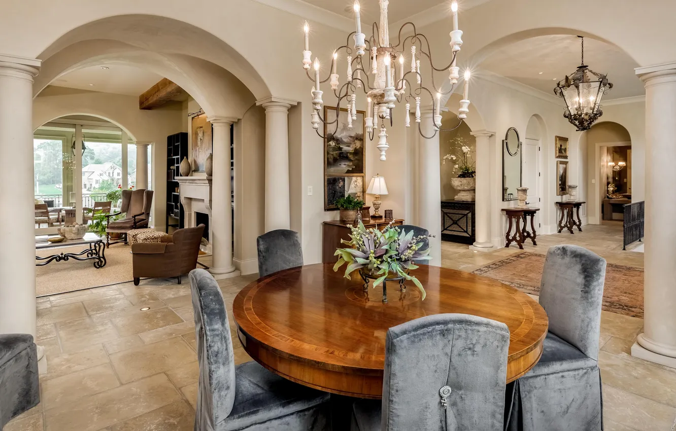 Photo wallpaper space, fireplace, living room, dining room, Brentwood, Estate Governors Way, luxury villa in colonial style, …