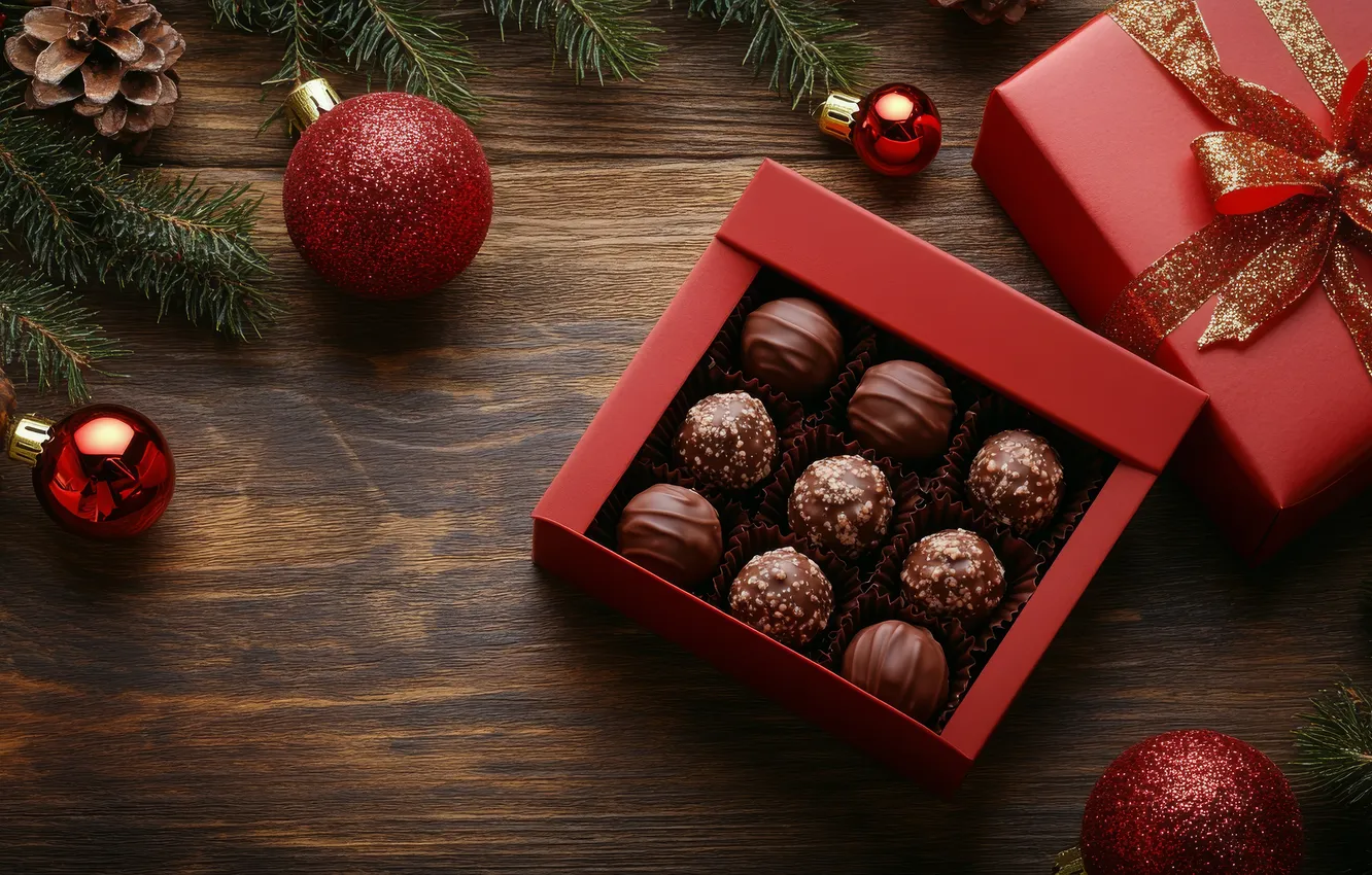 Photo wallpaper balls, red, box, Board, new year, Christmas, candy, needles