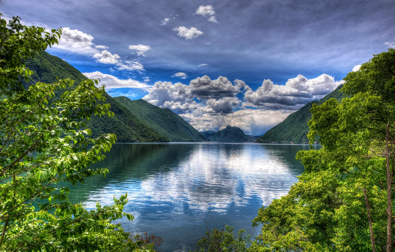 Photo wallpaper forest, the sky, clouds, trees, mountains, branches, lake, foliage