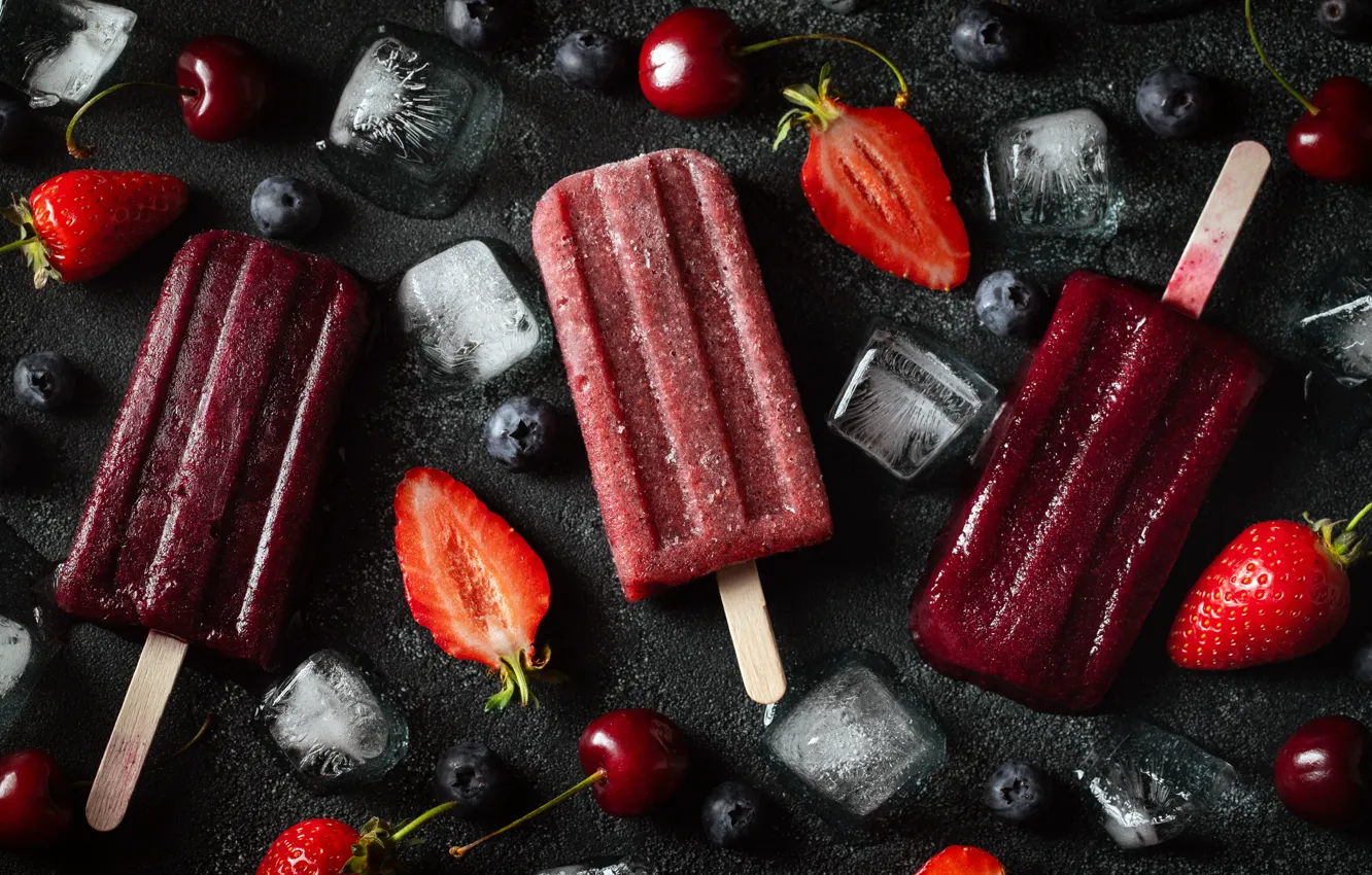 Photo wallpaper ice, cherry, cubes, strawberry, ice cream, berry