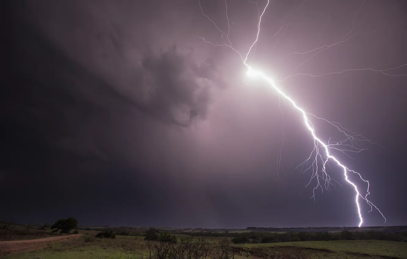 Photo wallpaper field, clouds, lightning, storm, storm, field, Lightning, clouds