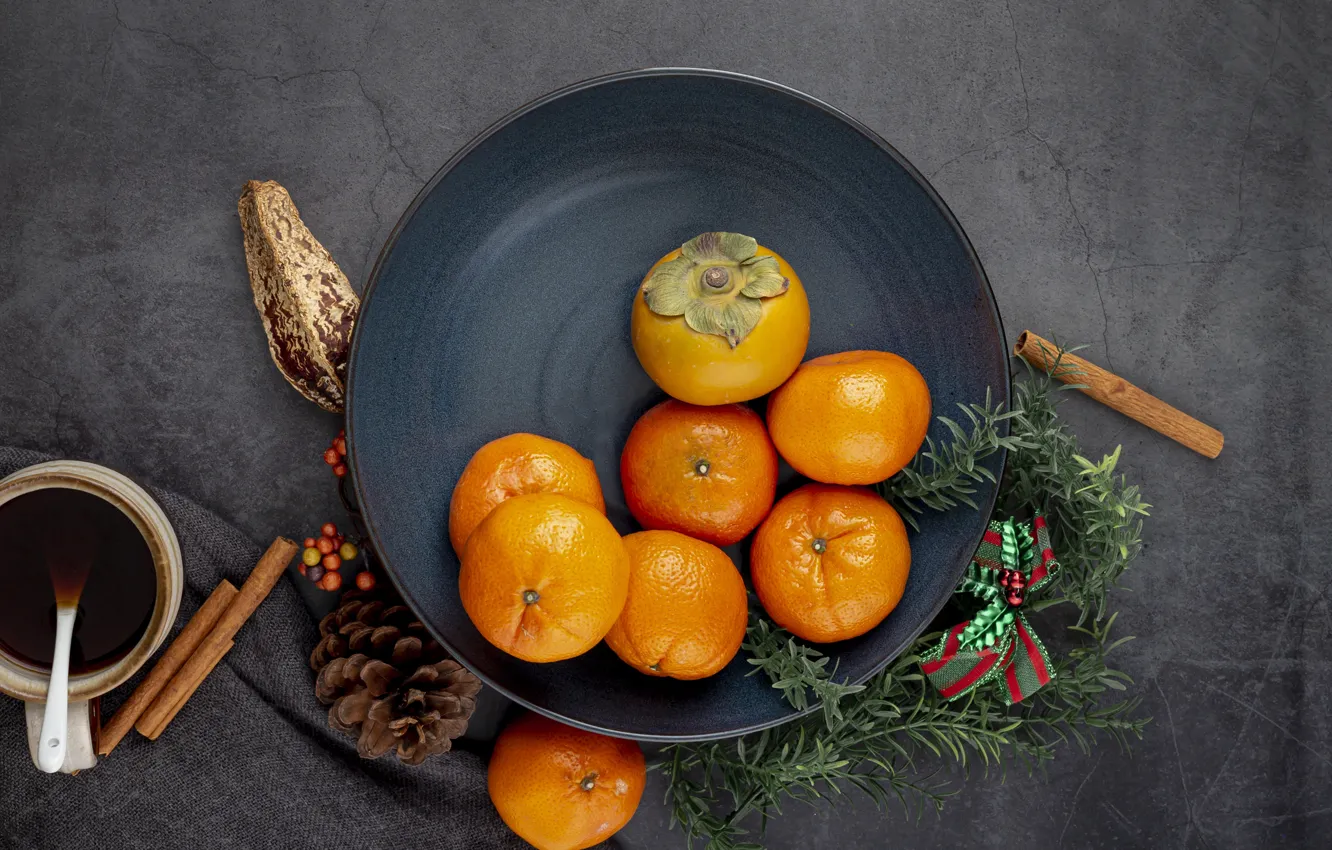 Photo wallpaper sprig, background, tea, new year, plate, Christmas, spoon, Cup