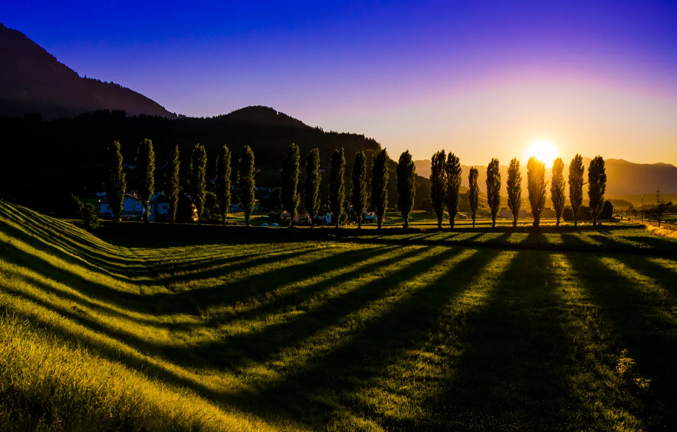 Photo wallpaper the sky, grass, the sun, trees, landscape, sunset, shadow, Austria