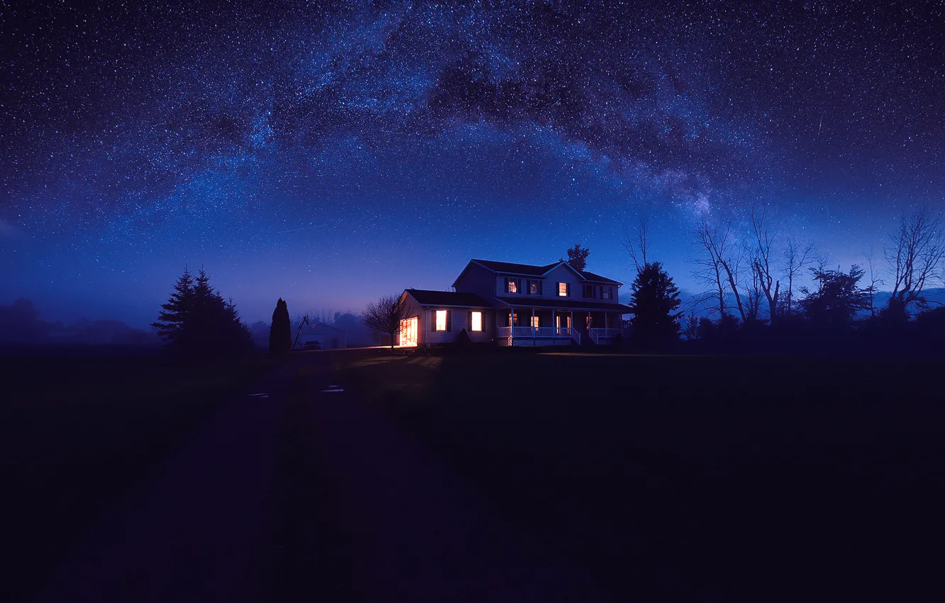 Photo wallpaper road, the sky, stars, light, trees, nature, house, darkness