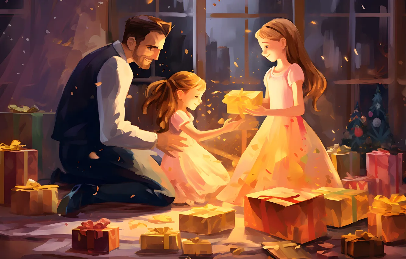 Photo wallpaper joy, children, smile, gift, new year, family, Christmas, male
