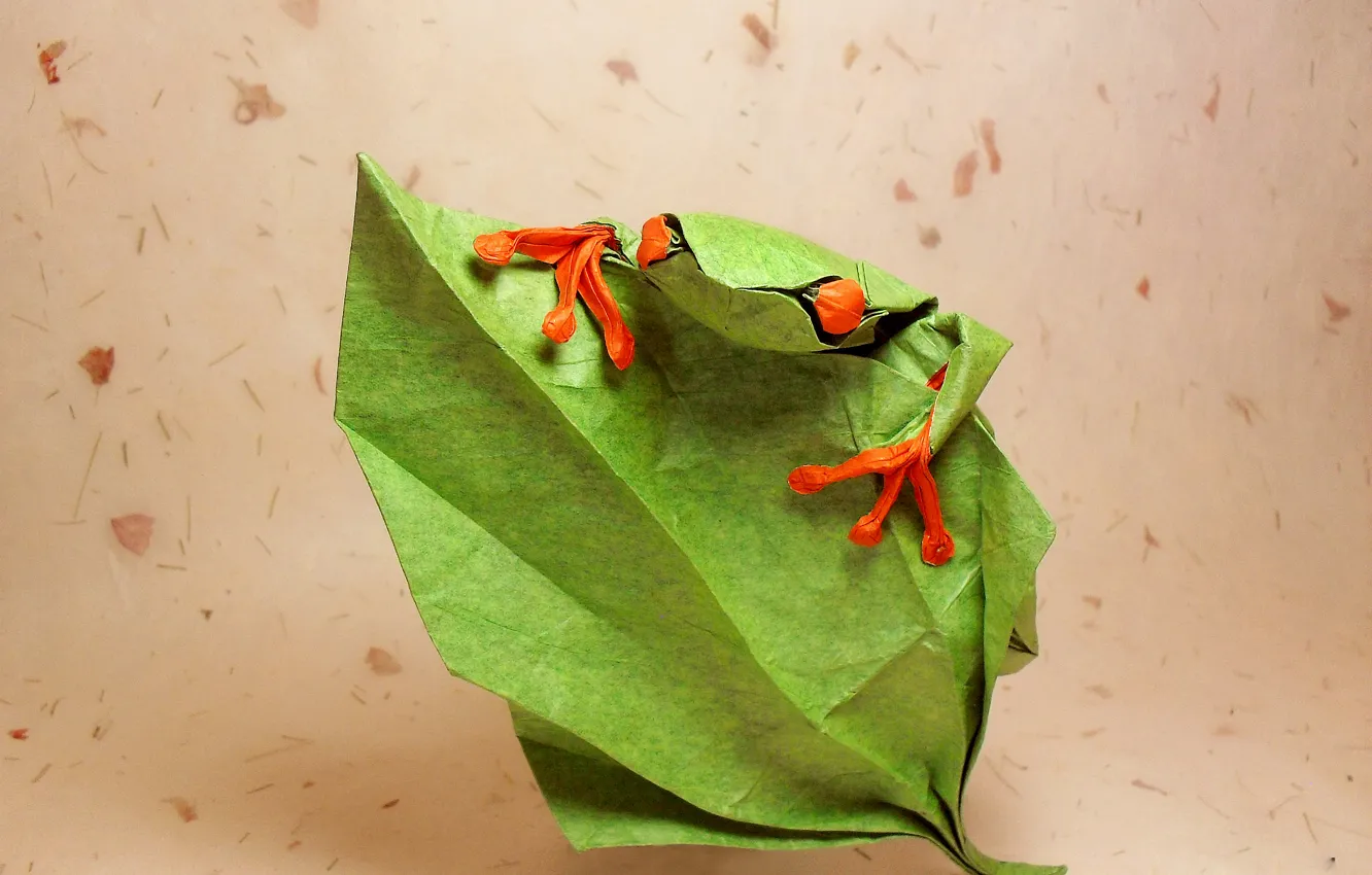 Photo wallpaper eyes, leaves, green, green, frog, origami, frog, eyes