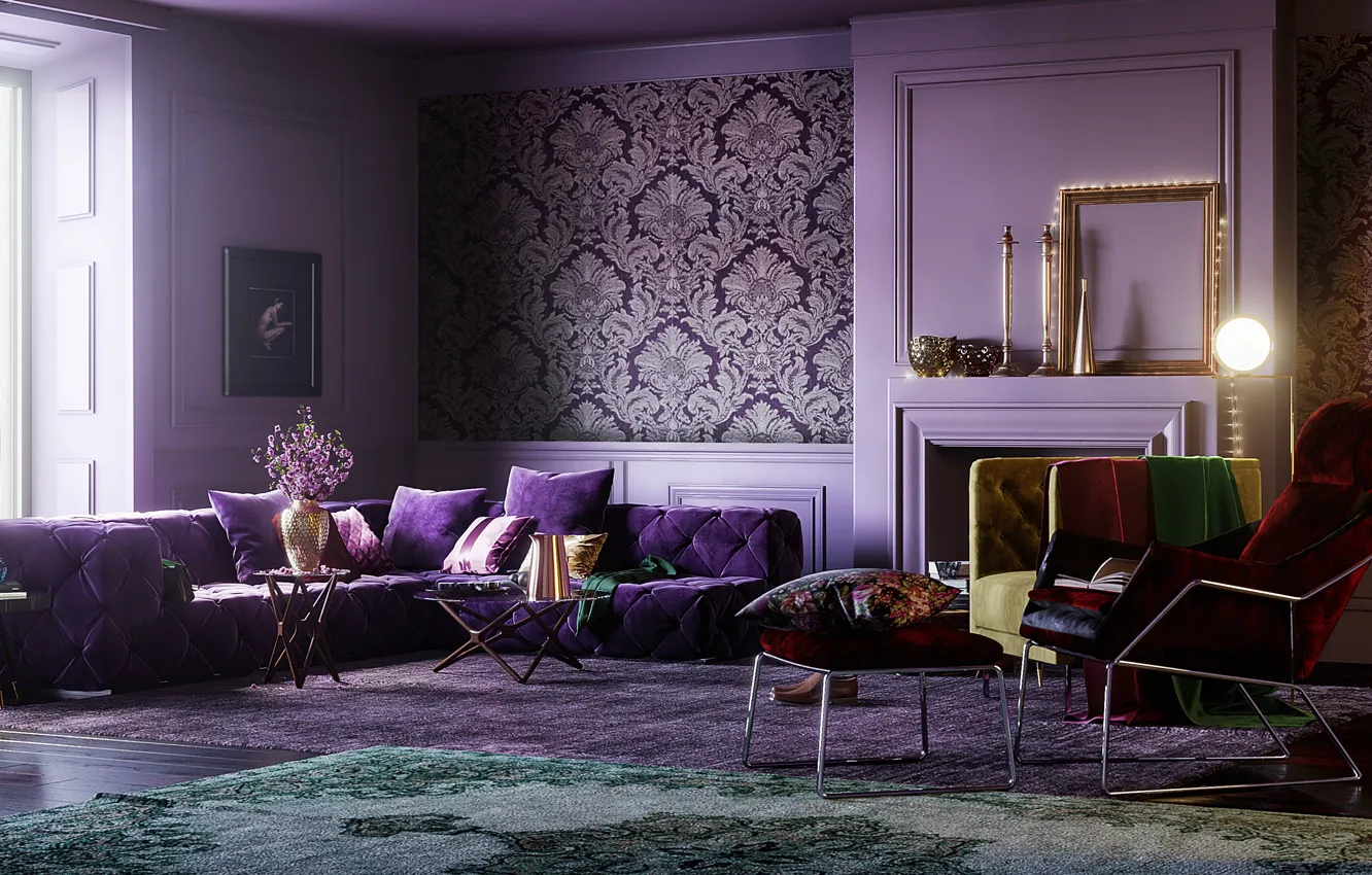 Photo wallpaper design, style, color, interior, fireplace, living room, PURPLE RAIN