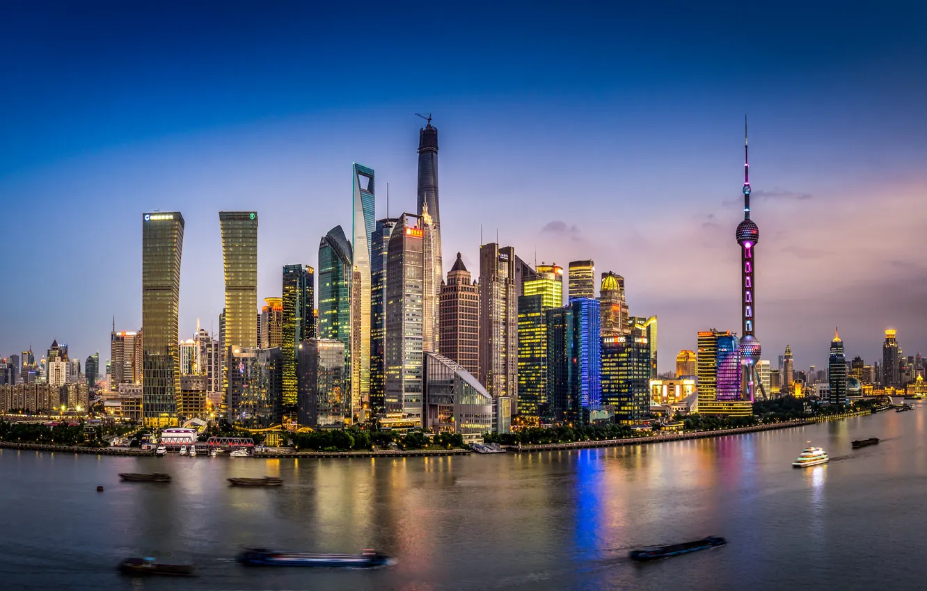 Photo wallpaper the sky, clouds, boats, China, Shanghai, twilight, Oriental Pearl Tower, Shanghai Tower
