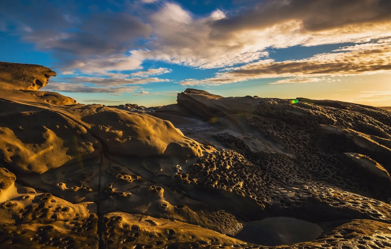 Photo wallpaper the sky, clouds, light, blue, stones, rocks, hills, relief