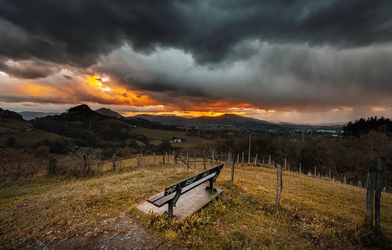 Photo wallpaper autumn, sunset, bench
