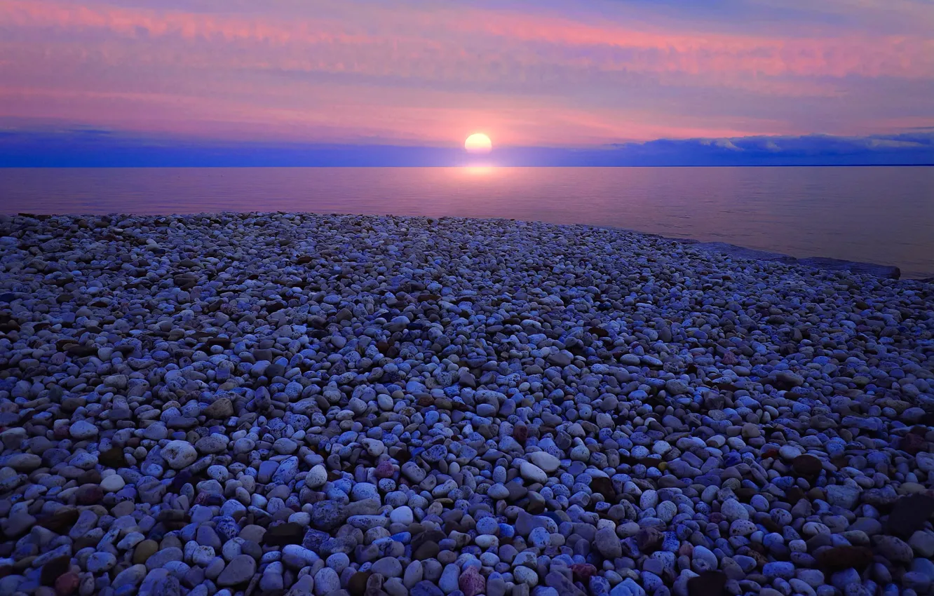 Photo wallpaper the sun, clouds, sunset, pebbles, stones, shore, pond