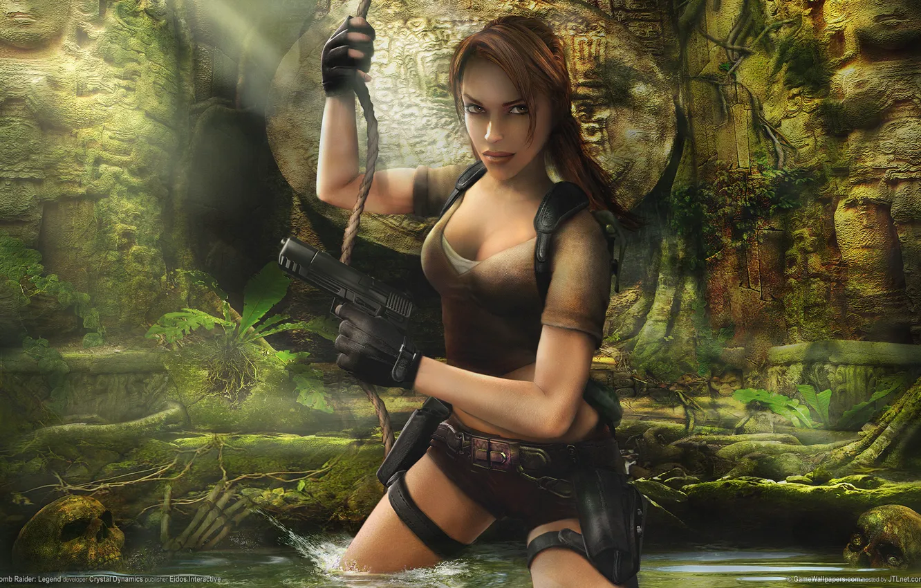 Photo wallpaper girl, weapons, skull, jungle, characters, statue, cave, girl