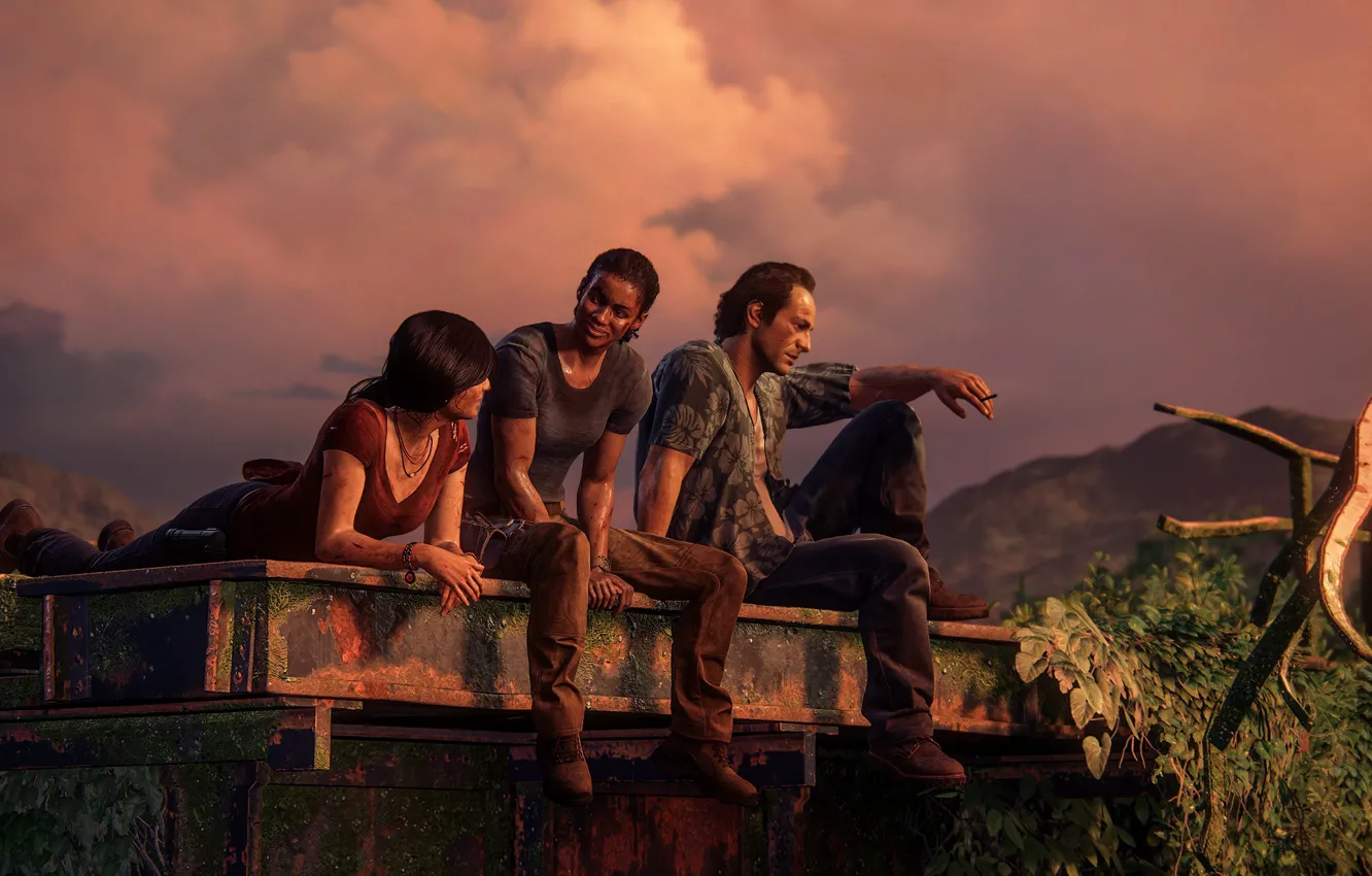 Photo wallpaper girl, the evening, male, three, characters, Uncharted: The Lost Legacy