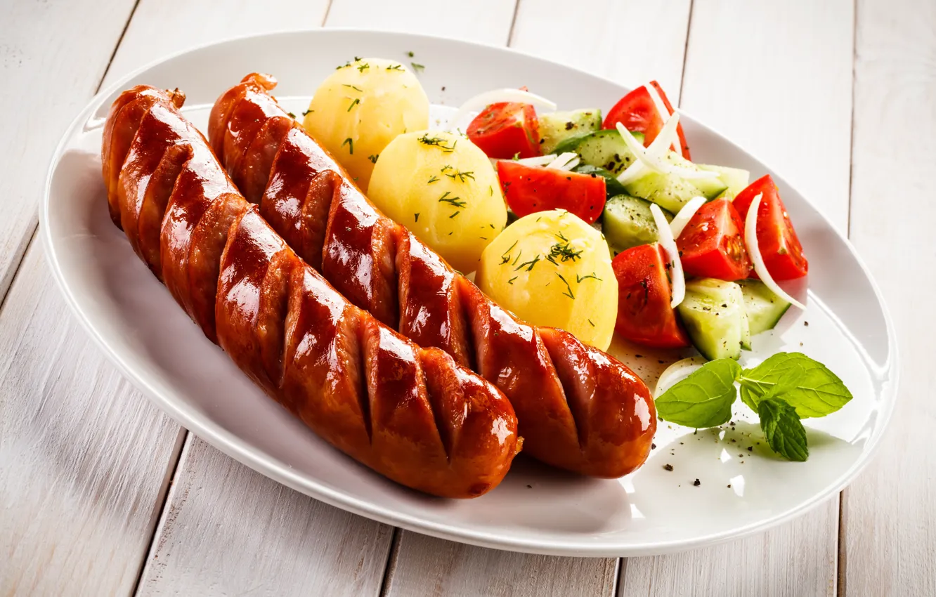 Photo wallpaper Board, sausage, food, plate, potatoes, Main Dishes
